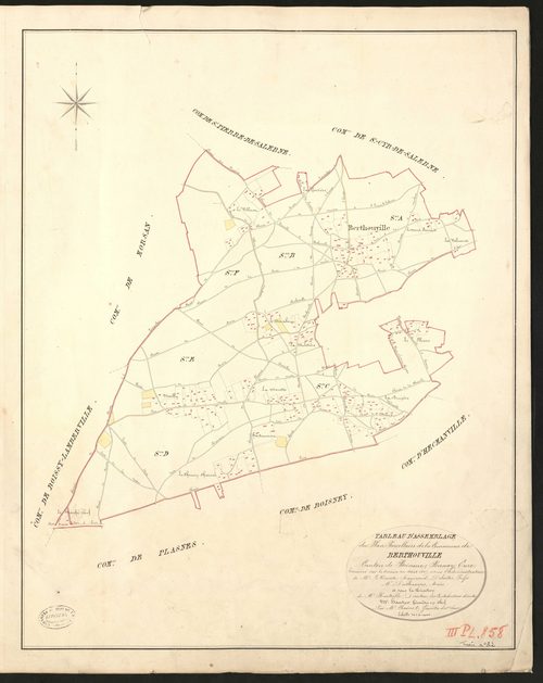 Berthouville. Tableau d'assemblage du Plan Parcellaire de la Commune de Berthouville. _ Canton de Brionne - Bernay - Eure. _ Terminé sur le terrain en août 1827, sous l'administration de M. Le Vicomte Raymond Delaitre, Préfet - M. Deschamps