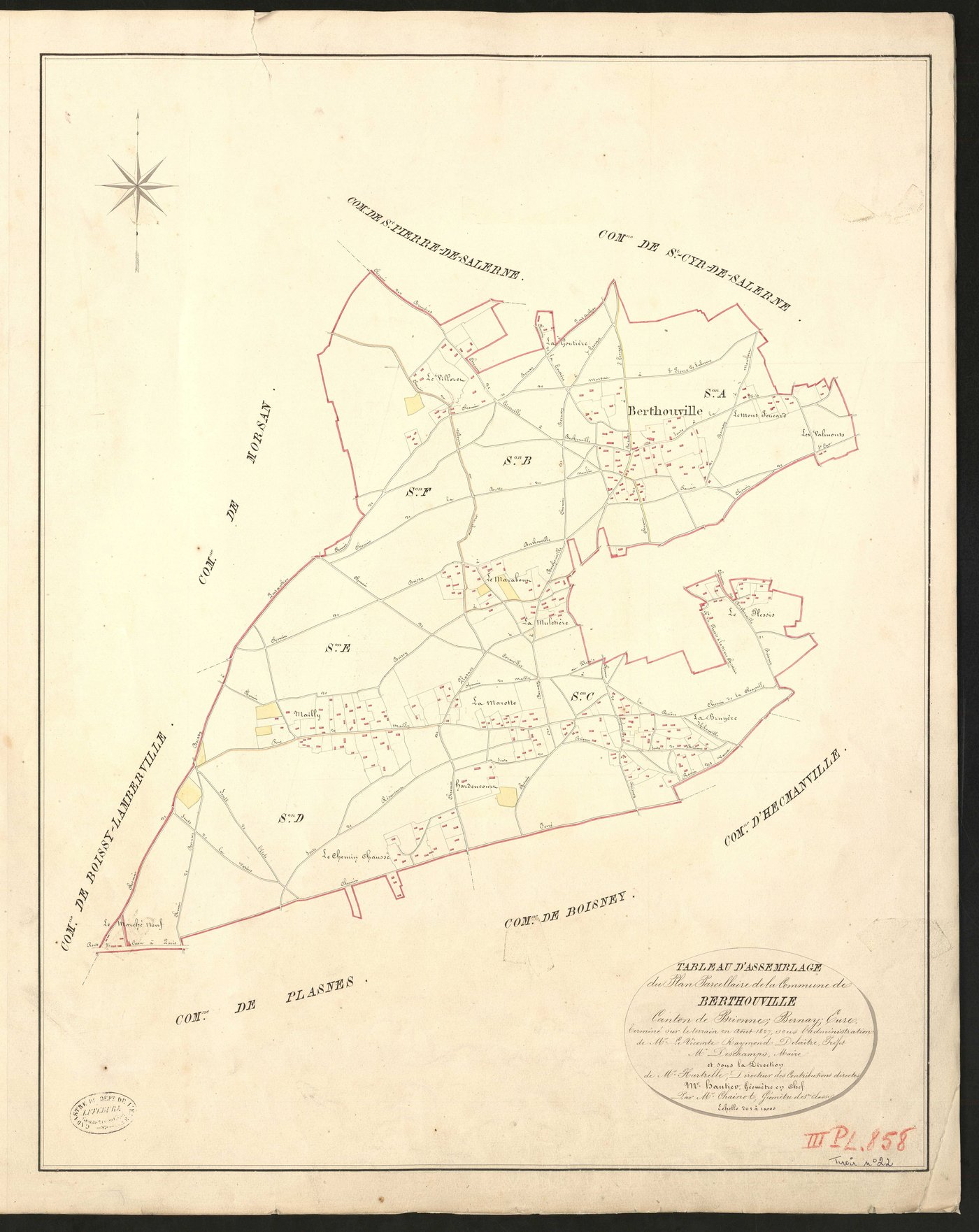 Berthouville. Tableau d'assemblage du Plan Parcellaire de la Commune de Berthouville. _ Canton de Brionne - Bernay - Eure. _ Terminé sur le terrain en août 1827, sous l'administration de M. Le Vicomte Raymond Delaitre, Préfet - M. Deschamps
