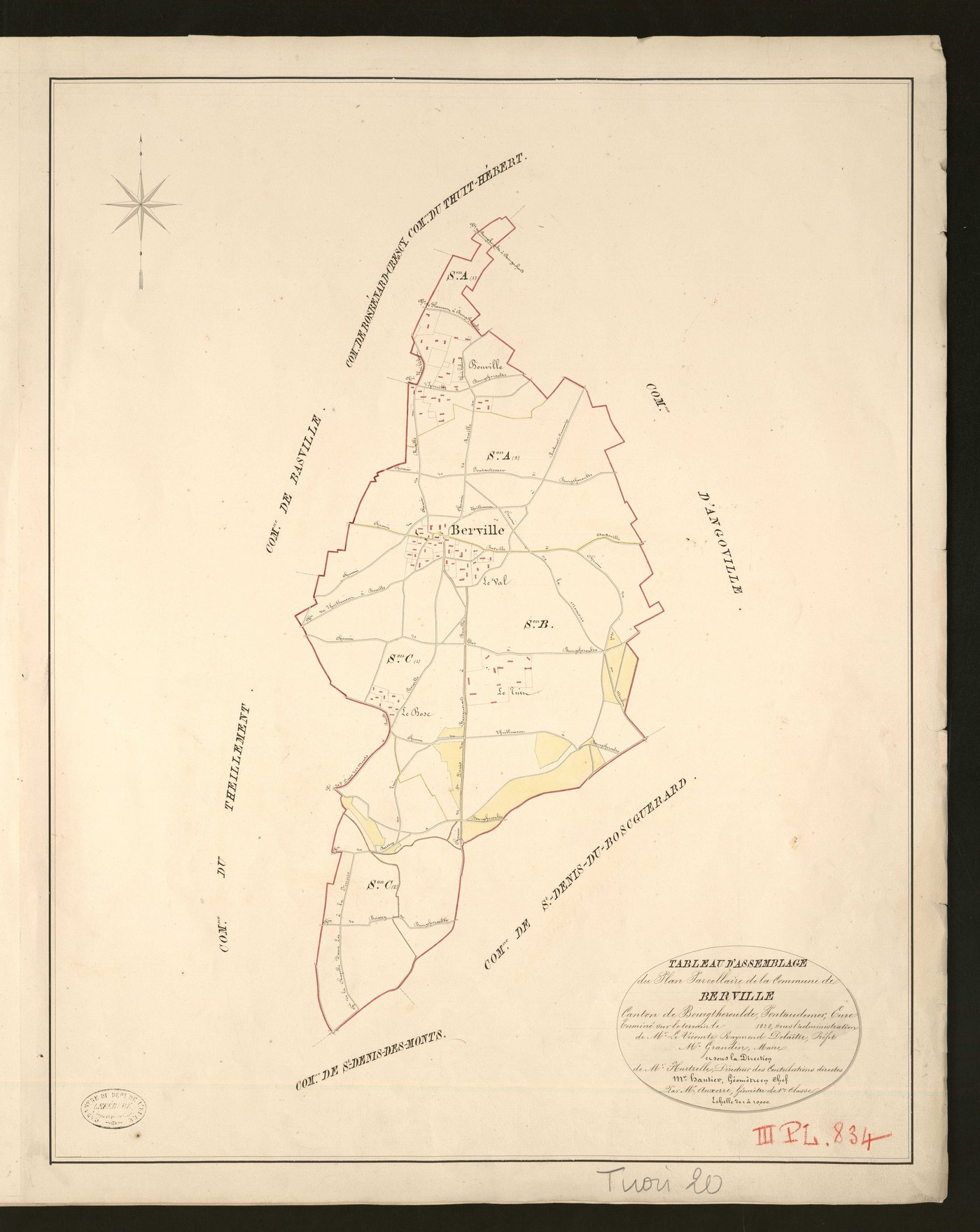 Berville-en-Roumois. Tableau d'assemblage _ du Plan Parcellaire de la Commune de Berville _ Canton de Bourgtheroulde - Pontaudemer - Eure. _ Terminé sur le terrain en 1828, sous l'administration de M.le Vicomte Raymond Delaitre, Préfet _ M.