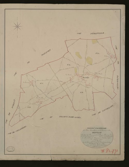 Berville-la-Campagne. Tableau d'assemblage _ du Plan Parcellaire de la Commune de Berville. _ Canton de Beaumont-le-Roger - Bernay - Eure. _ Terminé sur le terrain en 1826 sous l'administration de M. Le Vicomte Raymond Delaitre, Préfet _ M.
