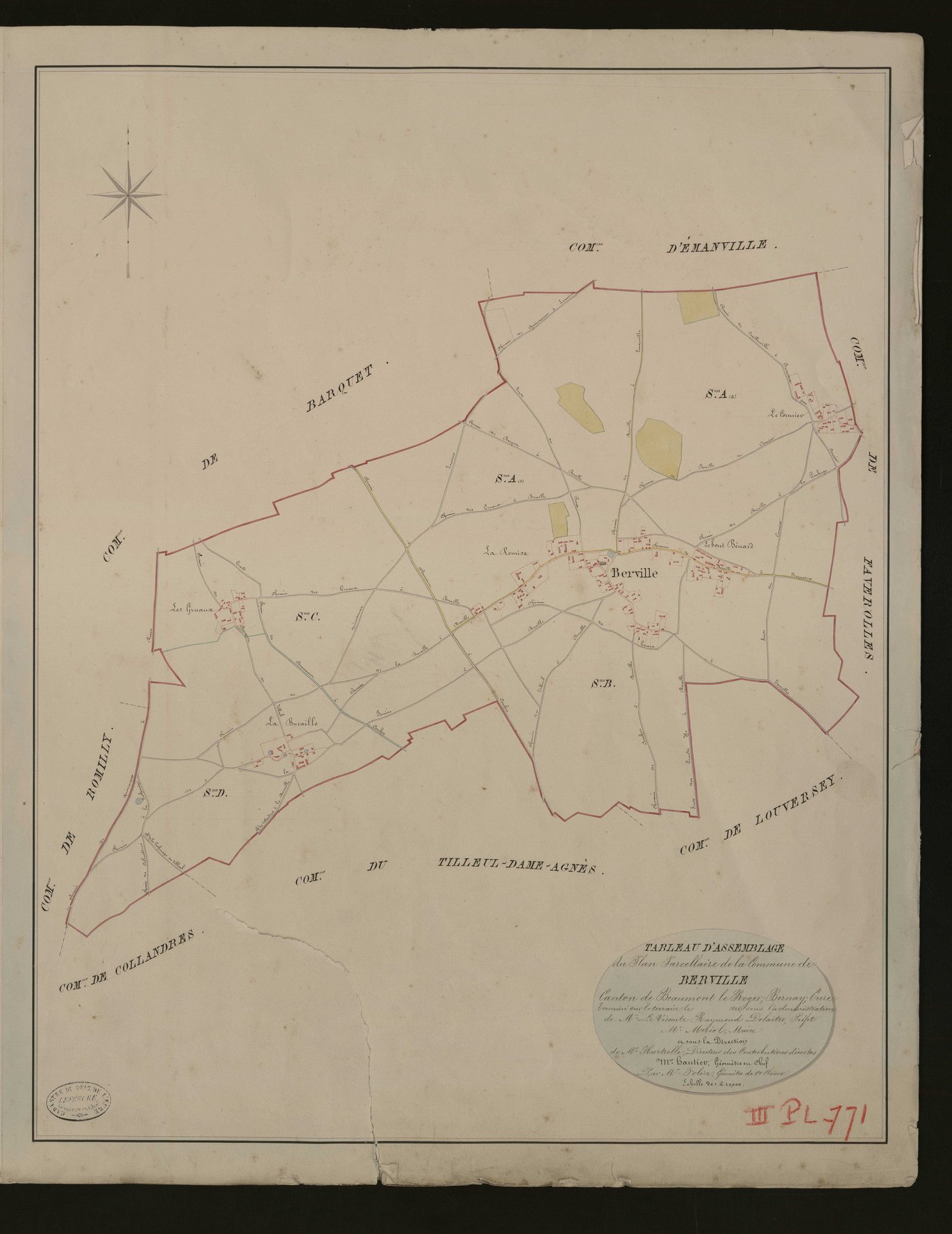 Berville-la-Campagne. Tableau d'assemblage _ du Plan Parcellaire de la Commune de Berville. _ Canton de Beaumont-le-Roger - Bernay - Eure. _ Terminé sur le terrain en 1826 sous l'administration de M. Le Vicomte Raymond Delaitre, Préfet _ M.
