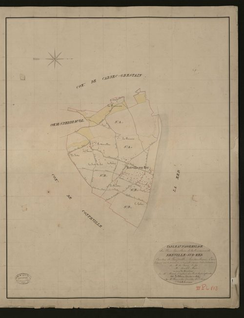 Berville-sur-Mer. Tableau d'assemblage _ du Plan Parcellaire de la Commune de Berville-sur-Mer _ Canton de Beuzeville - Pontaudemer - Eure. _ Terminé sur le terrain le 23 novembre 1833, sous l'administration de M. A Passy, Préfet _ M. Boiss
