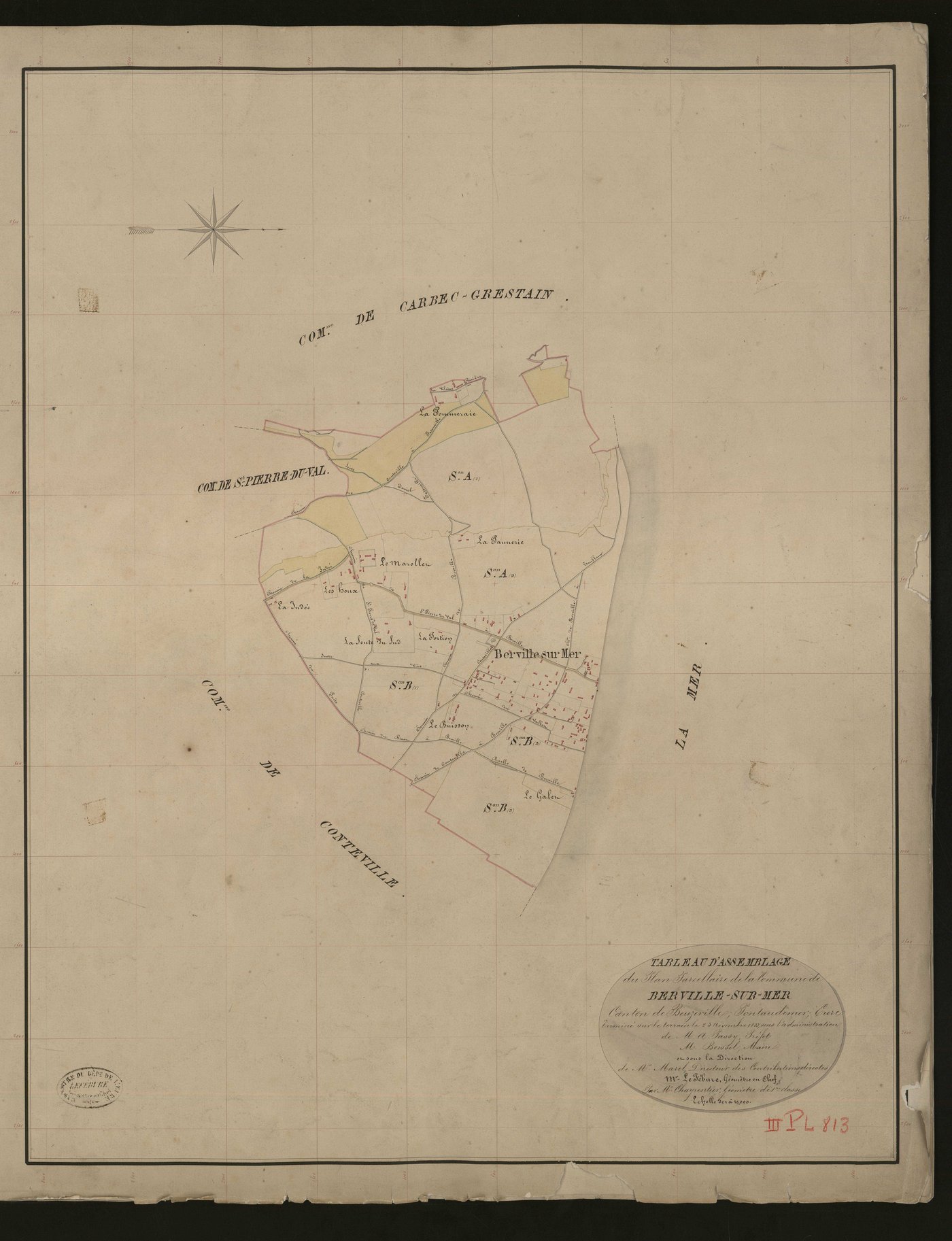 Berville-sur-Mer. Tableau d'assemblage _ du Plan Parcellaire de la Commune de Berville-sur-Mer _ Canton de Beuzeville - Pontaudemer - Eure. _ Terminé sur le terrain le 23 novembre 1833, sous l'administration de M. A Passy, Préfet _ M. Boiss