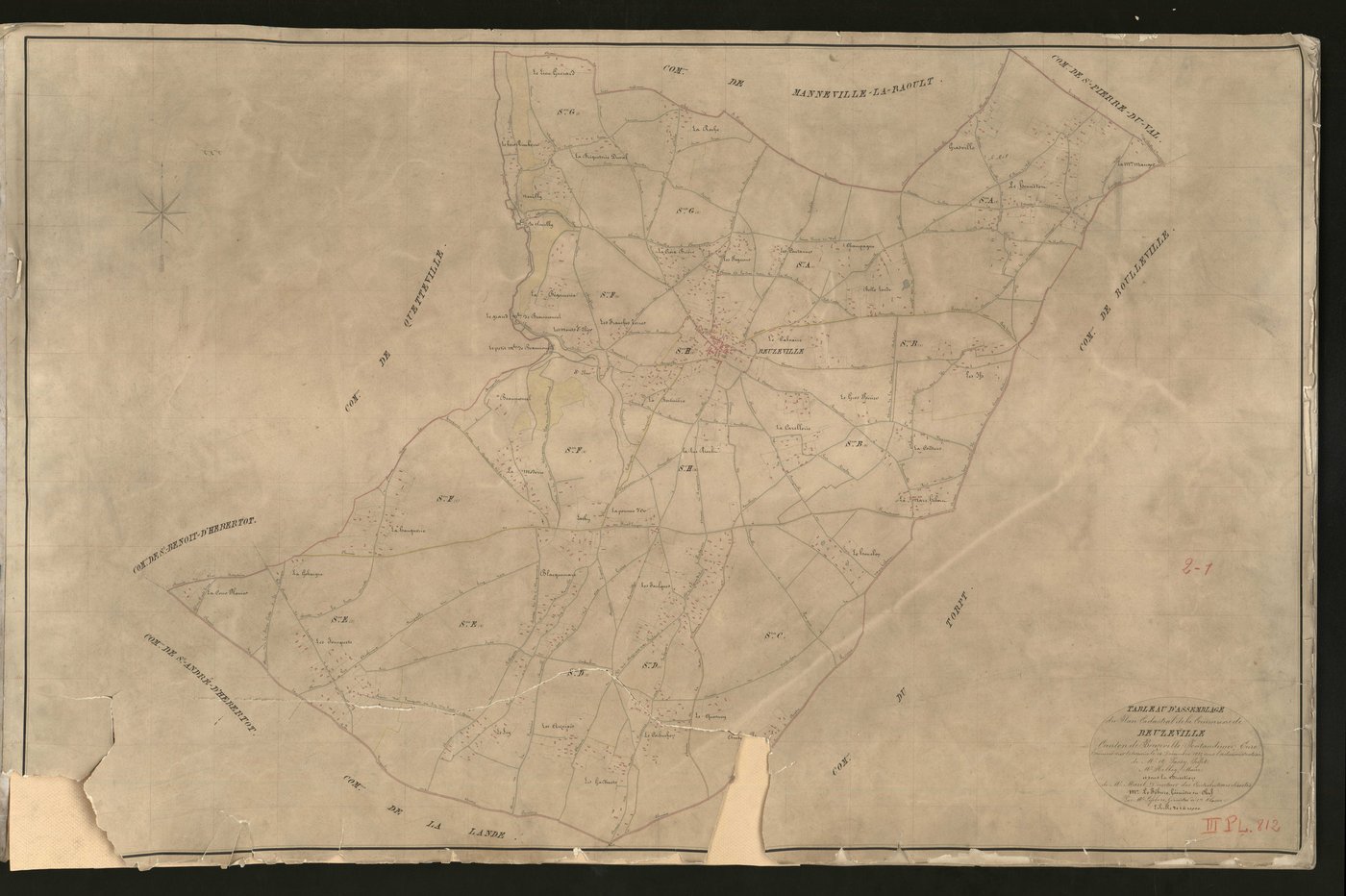 Beuzeville. Tableau d'assemblage _ du Plan Parcellaire de la Commune de Beuzeville _ Canton de Beuzeville - Pontaudemer - Eure. _ Terminé sur le terrain le 14 décembre 1833, sous l'administration de M. A Passy, Préfet _ M. Helley, maire _ e