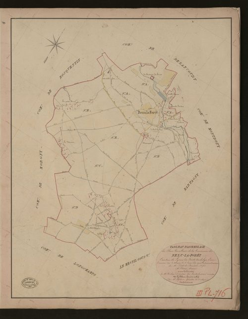 Bézu-la-Forêt. Tableau d'assemblage du Plan Parcellaire de la Commune de Bézu-la-Forêt _ Canton de Lyons-la-Forêt - Andelys - Eure. _ Terminé sur le terrain le 6 Juin 1849, sous l'administration de M. Petit de Bantel, Préfet - M. Fleury, Ma