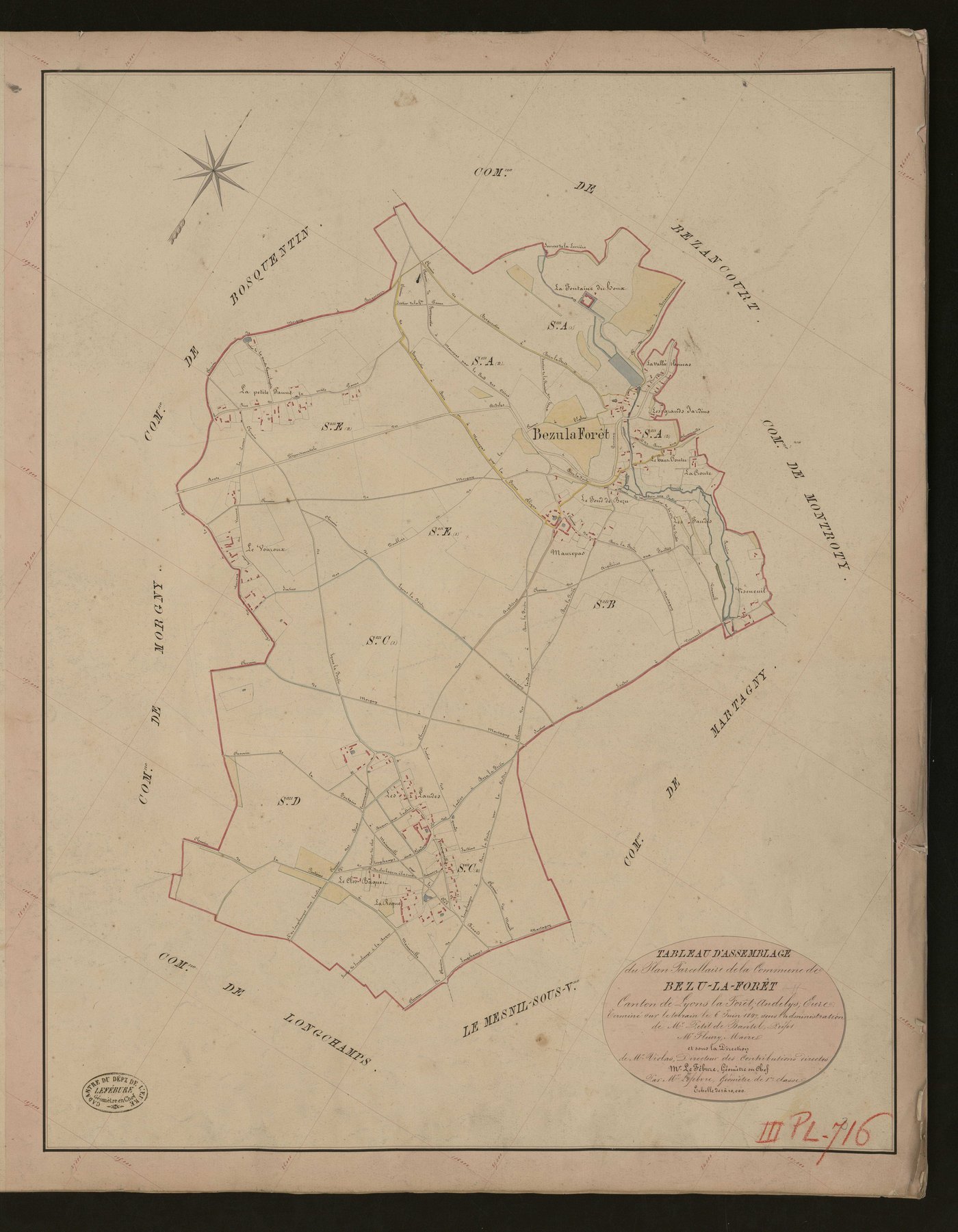 Bézu-la-Forêt. Tableau d'assemblage du Plan Parcellaire de la Commune de Bézu-la-Forêt _ Canton de Lyons-la-Forêt - Andelys - Eure. _ Terminé sur le terrain le 6 Juin 1849, sous l'administration de M. Petit de Bantel, Préfet - M. Fleury, Ma