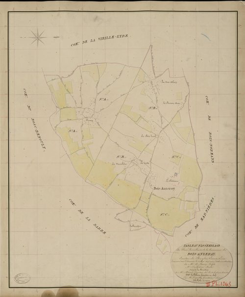 Bois-Anzeray. Tableau d'assemblage _ du Plan Parcellaire de la Commune de Bois-Anzeray _ Canton de Rugles - Evreux - Eure. _ Terminé sur le Terrain le 3 Mai 1835, sous l'administration de M. A Passy, Préfet _ M. Dechoisne, Maire _ et sous l