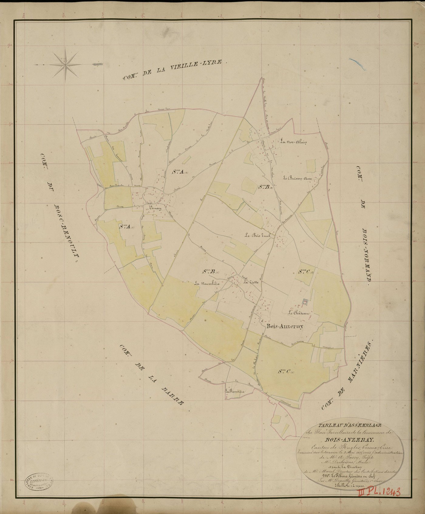 Bois-Anzeray. Tableau d'assemblage _ du Plan Parcellaire de la Commune de Bois-Anzeray _ Canton de Rugles - Evreux - Eure. _ Terminé sur le Terrain le 3 Mai 1835, sous l'administration de M. A Passy, Préfet _ M. Dechoisne, Maire _ et sous l