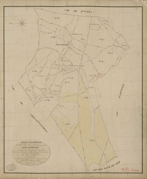 Bois-Arnault. Tableau d'assemblage _ du Plan Parcellaire de la Commune de Bois-Arnault _ Canton de Rugles - Evreux - Eure. _ Terminé sur le Terrain le 18 Juin 1854, sous l'administration de M. A Passy, Préfet _ M. Lefebure, Maire _ et sous 