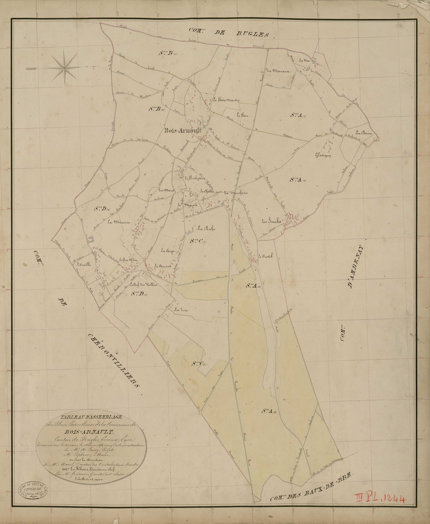 Bois-Arnault. Tableau d'assemblage _ du Plan Parcellaire de la Commune de Bois-Arnault _ Canton de Rugles - Evreux - Eure. _ Terminé sur le Terrain le 18 Juin 1854, sous l'administration de M. A Passy, Préfet _ M. Lefebure, Maire _ et sous 