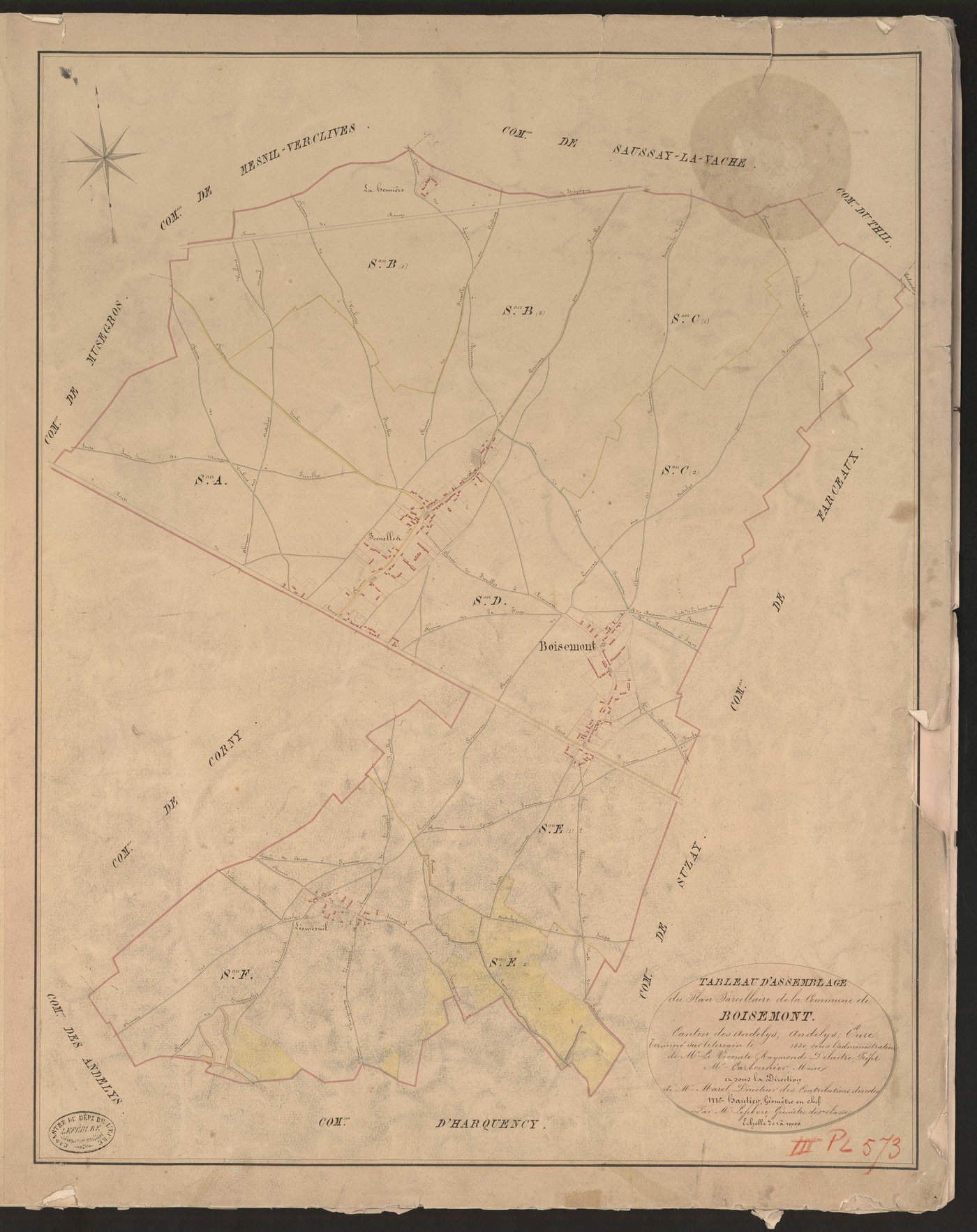 Boisemont. Tableau d'assemblage du Plan Parcellaire de la Commune de Boisemont. _ Canton des Andelys - Andelys - Eure. _ Terminé sur le terrain en 1830, sous l'administration de M. Le Vicomte Raymond Delaitre, Préfet - M. Carbonnier, Maire 
