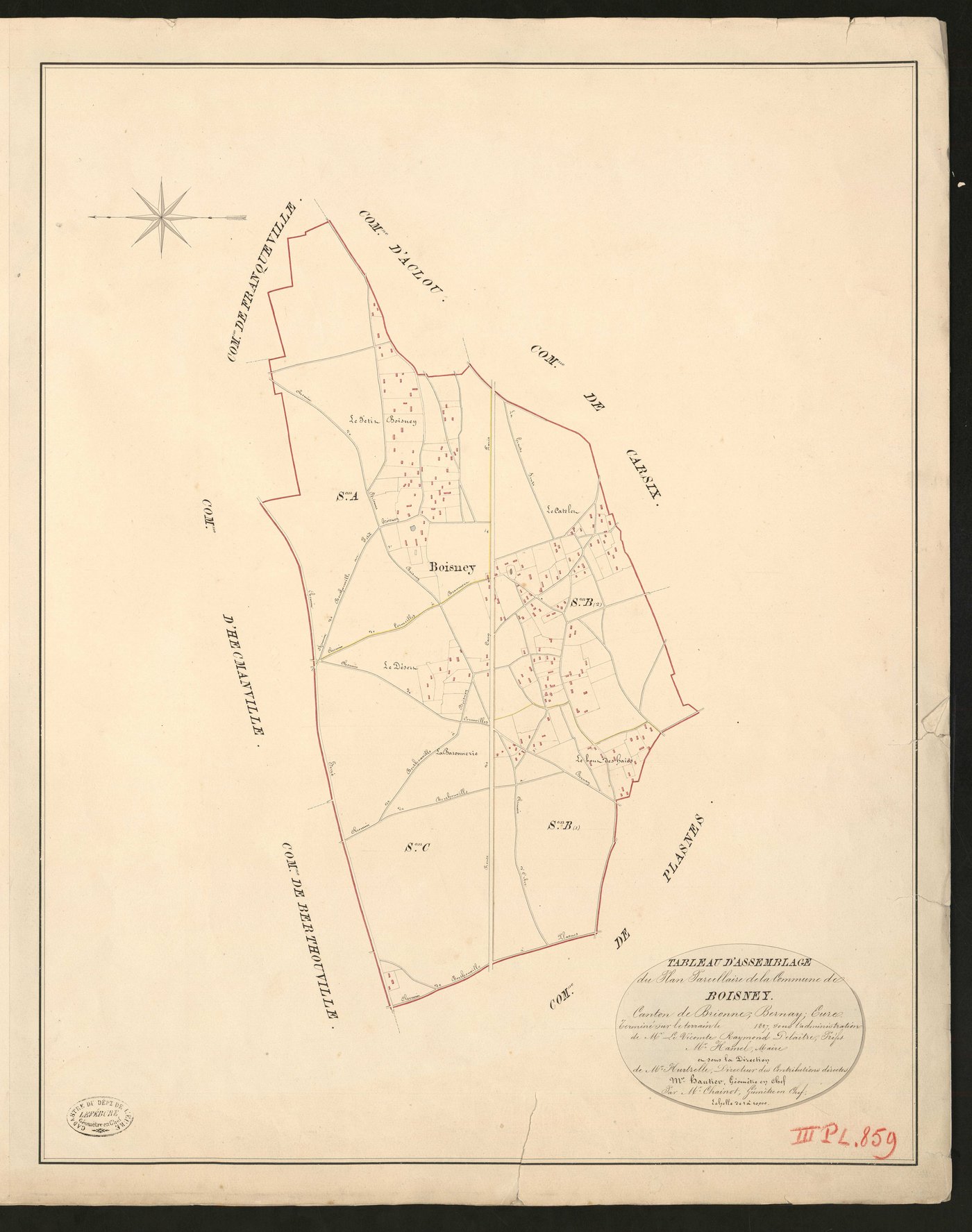 Boisney. Tableau d'assemblage du Plan Parcellaire de la Commune de Boisney. _ Canton de Brionne - Bernay - Eure. _ Terminé sur le terrain en 1827, sous l'administration de M. Le Vicomte Raymond Delaitre, Préfet - M. Hamel, Maire et sous la 