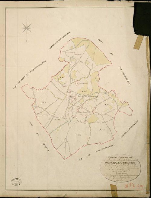 Boisset-les-Prévanches. Tableau d'assemblage _ du Plan Parcellaire de la Commune de Boisset les Prévanches _ Canton de Pacy sur Eure - Evreux - Eure. _ Terminé sur le Terrain le 4 Aout 1851, sous l'administration de M. Le Comte Guyot, Préfe