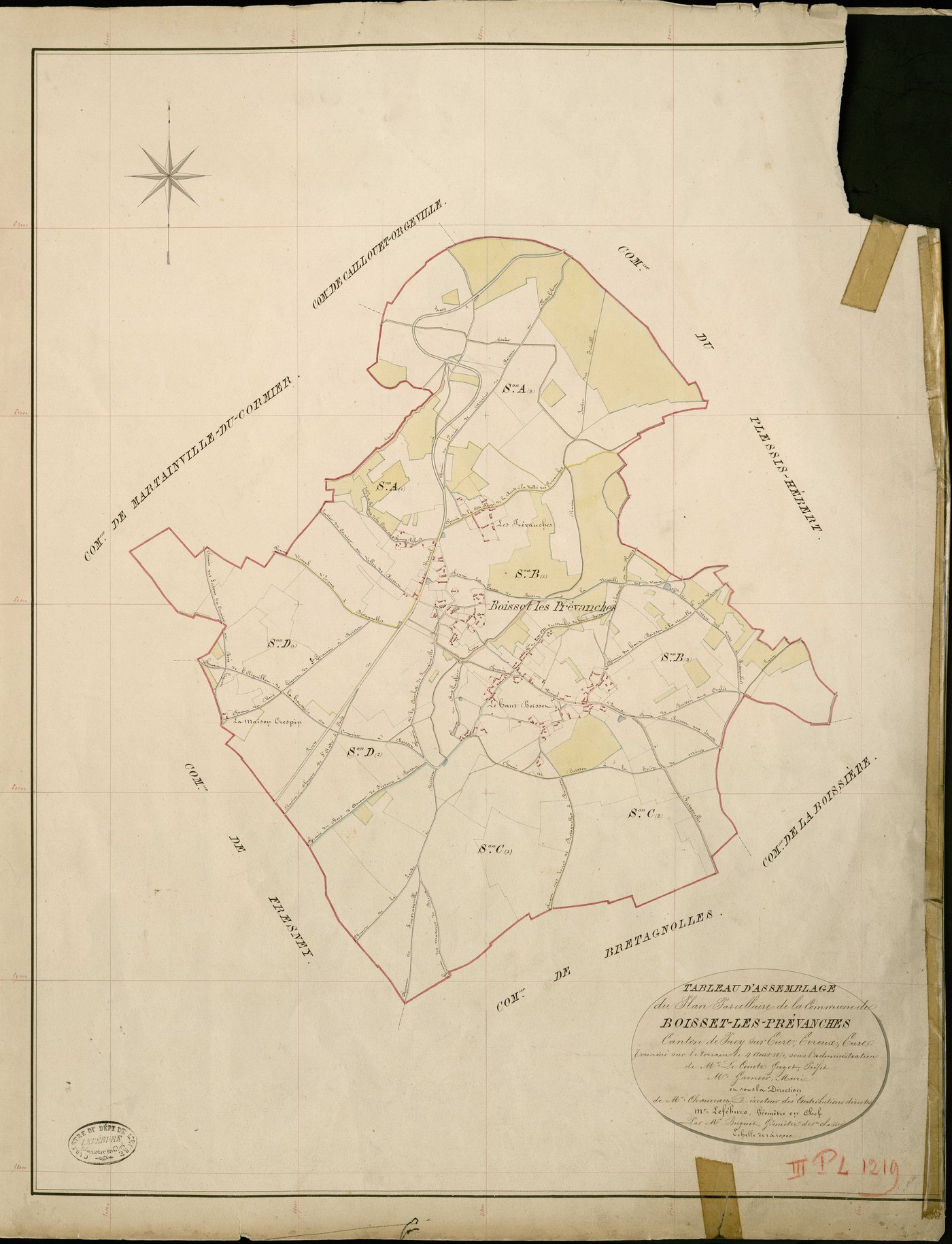 Boisset-les-Prévanches. Tableau d'assemblage _ du Plan Parcellaire de la Commune de Boisset les Prévanches _ Canton de Pacy sur Eure - Evreux - Eure. _ Terminé sur le Terrain le 4 Aout 1851, sous l'administration de M. Le Comte Guyot, Préfe