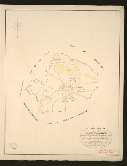 Boissey-le-Chatel. Tableau d'assemblage _ du Plan Parcellaire de la Commune de Boissey-le-Chatel _ Canton de Bourgtheroulde - Pontaudemer - Eure. _ Terminé sur le terrain en 1828, sous l'administration de M.le Vicomte Raymond Delaitre, Préf