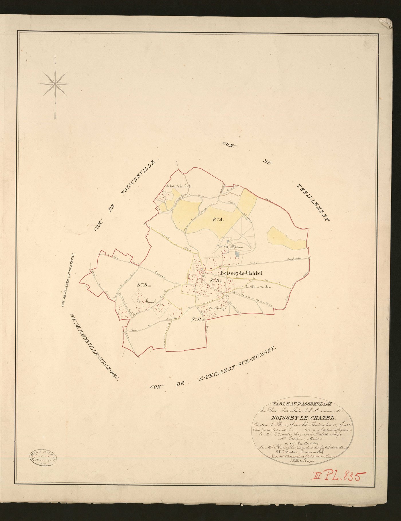 Boissey-le-Chatel. Tableau d'assemblage _ du Plan Parcellaire de la Commune de Boissey-le-Chatel _ Canton de Bourgtheroulde - Pontaudemer - Eure. _ Terminé sur le terrain en 1828, sous l'administration de M.le Vicomte Raymond Delaitre, Préf