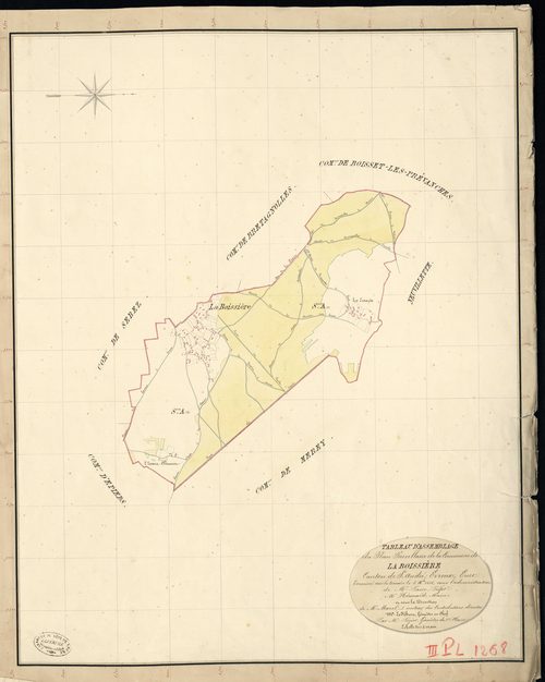 Boissière (La). Tableau d'assemblage _ du Plan Parcellaire de la Commune de la Boissière _ Canton de Saint André - Evreux - Eure. _ Terminé sur le Terrain le 3 Octobre 1836, sous l'administration de M. Passy, Préfet _ M. Hérouard, Maire _ e