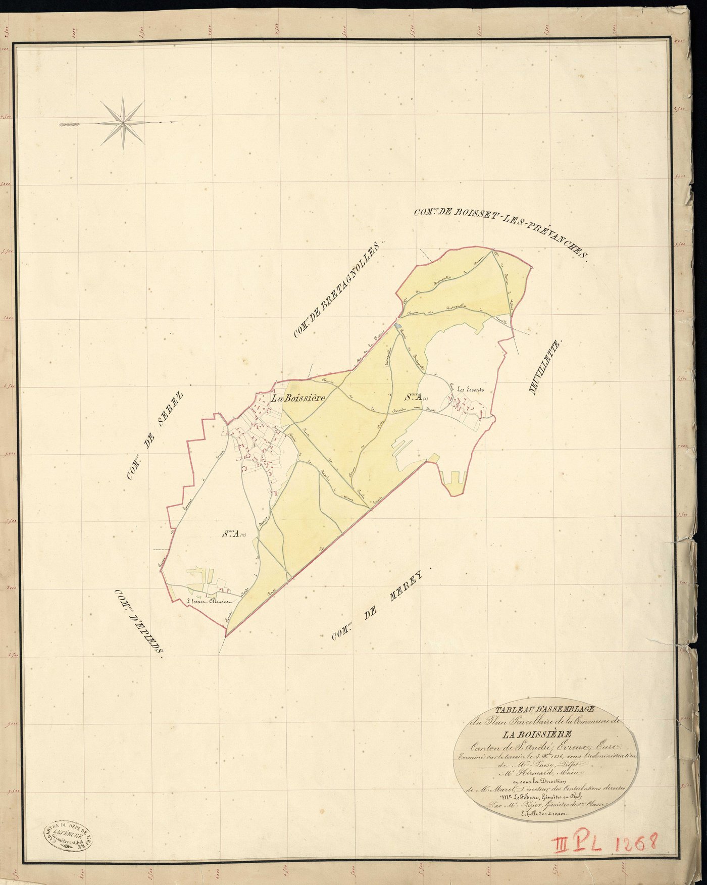 Boissière (La). Tableau d'assemblage _ du Plan Parcellaire de la Commune de la Boissière _ Canton de Saint André - Evreux - Eure. _ Terminé sur le Terrain le 3 Octobre 1836, sous l'administration de M. Passy, Préfet _ M. Hérouard, Maire _ e