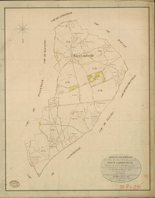Boissy-Lamberville. Tableau d'assemblage _ du Plan Parcellaire de la Commune de Boissy Lamberville _ Canton de Thiberville - Bernay - Eure. _ Terminé sur le Terrain le 3 Mai 1846 , sous l'administration de M. Petit de Bantel, Préfet _ M. Ro