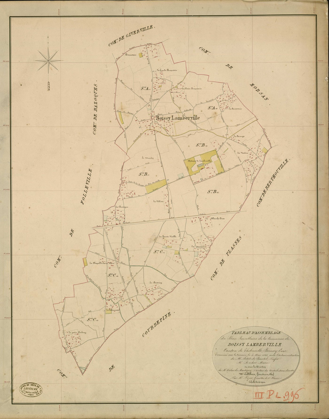 Boissy-Lamberville. Tableau d'assemblage _ du Plan Parcellaire de la Commune de Boissy Lamberville _ Canton de Thiberville - Bernay - Eure. _ Terminé sur le Terrain le 3 Mai 1846 , sous l'administration de M. Petit de Bantel, Préfet _ M. Ro