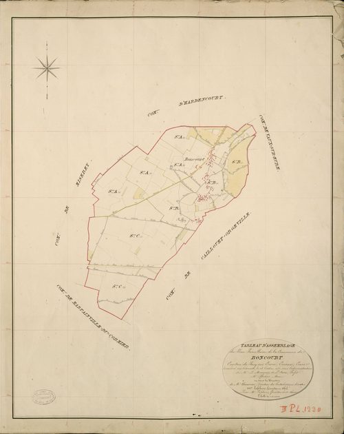 Boncourt. Tableau d'assemblage _ du Plan Parcellaire de la Commune de Boncourt _ Canton de Pacy sur Eure - Evreux - Eure. _ Terminé sur le Terrain le 26 Octobre 1852, sous l'administration de M. Le Marquis de Ste Croix, Préfet _ M. Barbier,