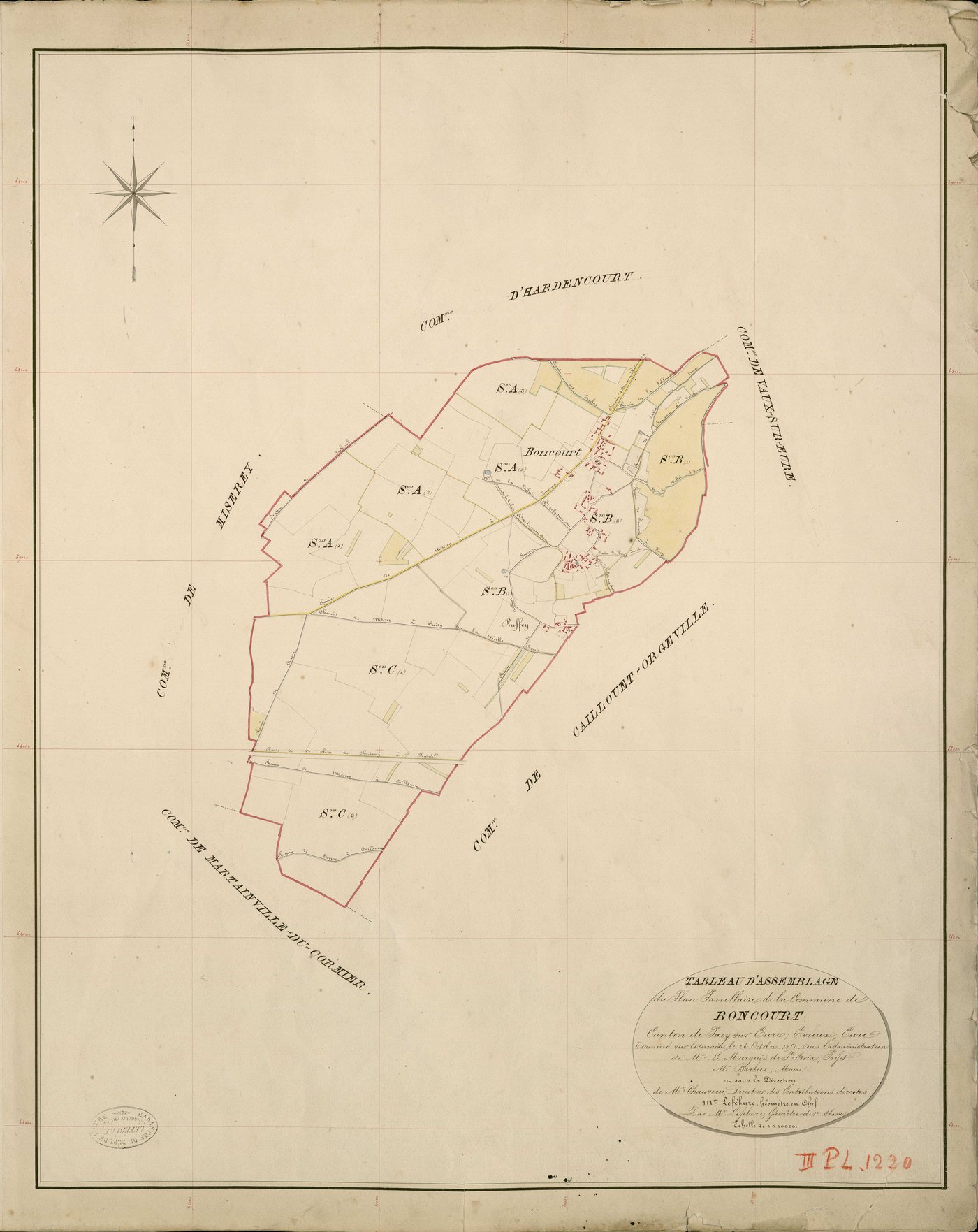 Boncourt. Tableau d'assemblage _ du Plan Parcellaire de la Commune de Boncourt _ Canton de Pacy sur Eure - Evreux - Eure. _ Terminé sur le Terrain le 26 Octobre 1852, sous l'administration de M. Le Marquis de Ste Croix, Préfet _ M. Barbier,