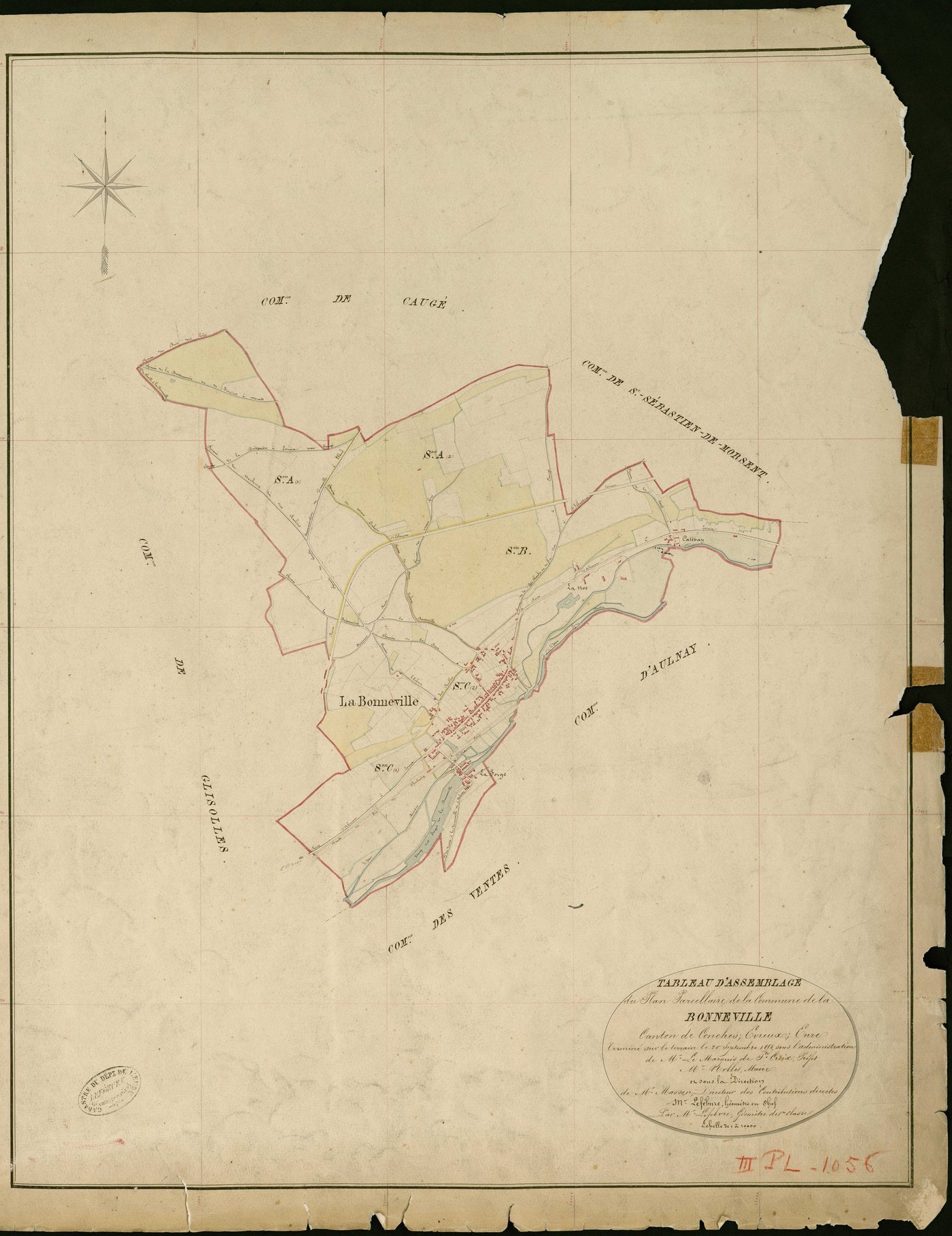 Bonneville-sur-Iton (La). Tableau d'assemblage _ du Plan Parcellaire de la Commune de Bonneville _ Canton de Conches - Evreux - Eure. _ Terminé sur le Terrain le 20 Septembre 1854 , sous l'administration de M. Le Marquis de Ste Croix, Préfe