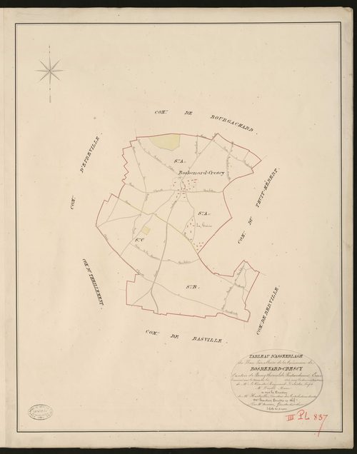Bosc-Benard-Crescy. Tableau d'assemblage _ du Plan Parcellaire de la Commune de Bosbenard-Crescy _ Canton de Bourgtheroulde - Pontaudemer - Eure. _ Terminé sur le terrain en 1828, sous l'administration de M.le Vicomte Raymond Delaitre, Préf