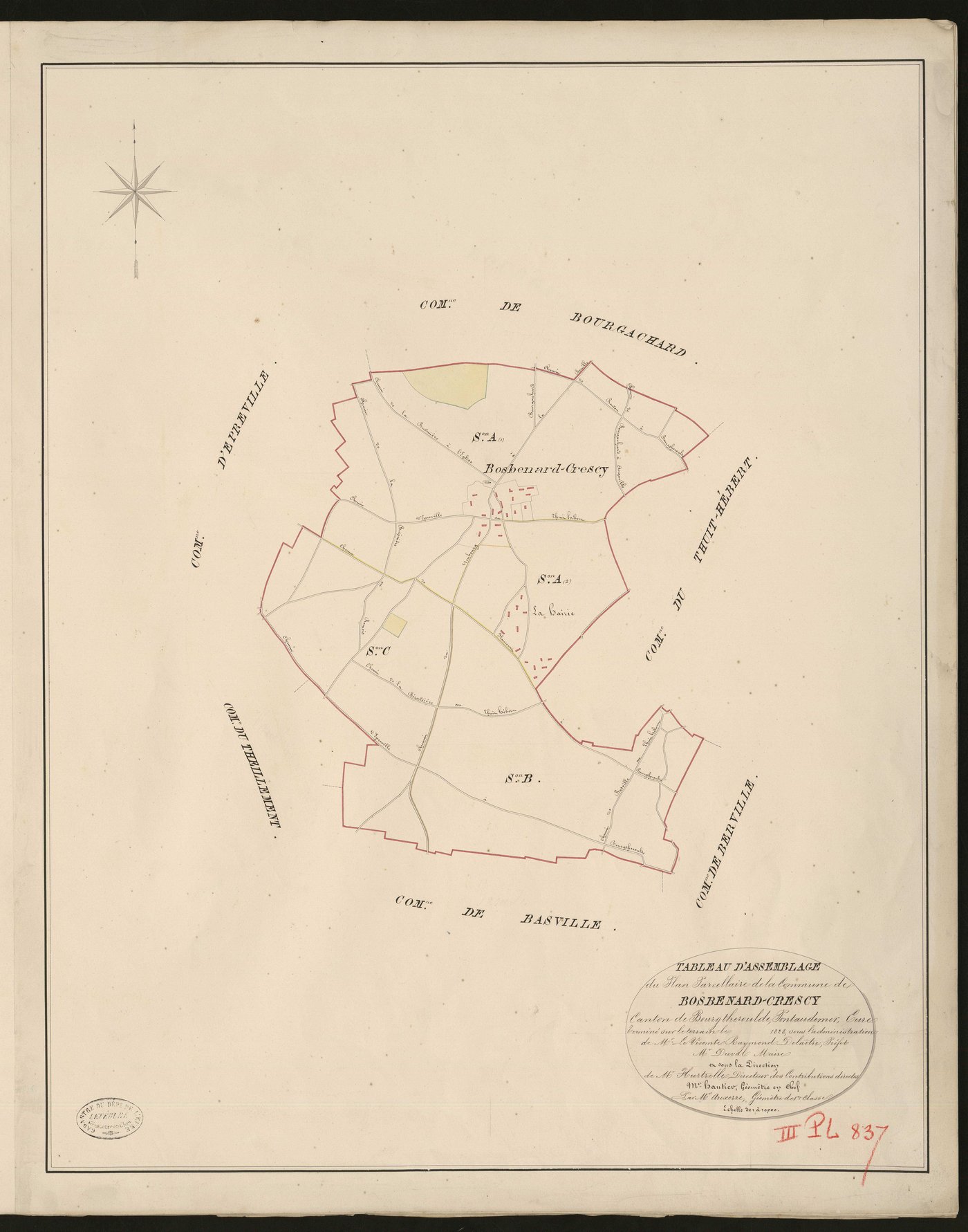 Bosc-Benard-Crescy. Tableau d'assemblage _ du Plan Parcellaire de la Commune de Bosbenard-Crescy _ Canton de Bourgtheroulde - Pontaudemer - Eure. _ Terminé sur le terrain en 1828, sous l'administration de M.le Vicomte Raymond Delaitre, Préf