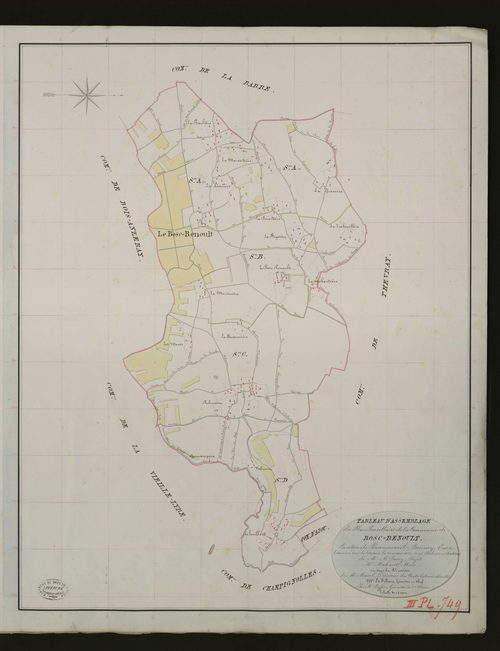 Bosc-Renoult-en-Ouche. Tableau d'assemblage _ du Plan Parcellaire de la Commune de Bosc-Renoult. _ Canton de Beaumesnil - Bernay - Eure. _ Terminé sur le terrain le 20 mars 1833 sous l'administration de M. A. Passy, Préfet _ M. Mahaut, mair