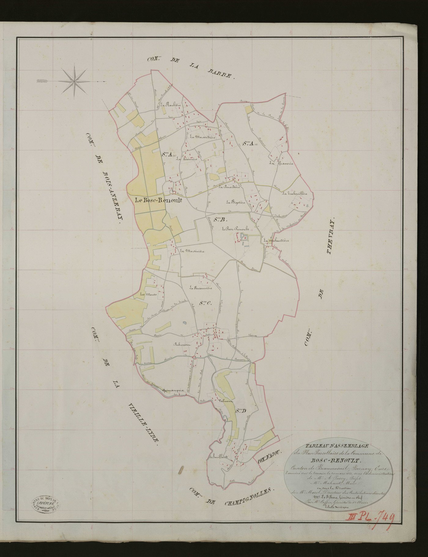 Bosc-Renoult-en-Ouche. Tableau d'assemblage _ du Plan Parcellaire de la Commune de Bosc-Renoult. _ Canton de Beaumesnil - Bernay - Eure. _ Terminé sur le terrain le 20 mars 1833 sous l'administration de M. A. Passy, Préfet _ M. Mahaut, mair