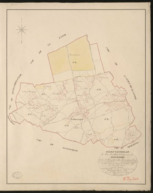 Bosc-Roger-en-Roumois (Le). Tableau d'assemblage _ du Plan Parcellaire de la Commune de Boscroger _ Canton de Bourgtheroulde - Pontaudemer - Eure. _ Terminé sur le terrain en 1828, sous l'administration de M.le Vicomte Raymond Delaitre, Pré