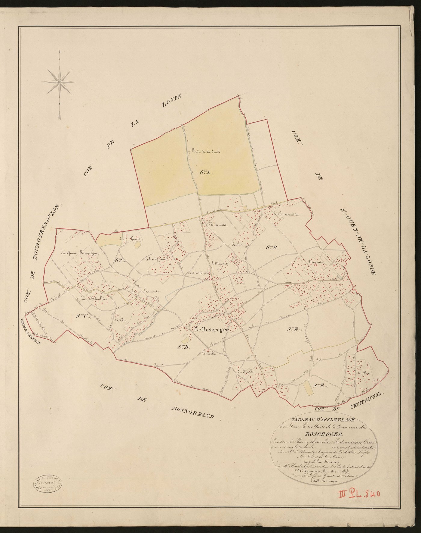 Bosc-Roger-en-Roumois (Le). Tableau d'assemblage _ du Plan Parcellaire de la Commune de Boscroger _ Canton de Bourgtheroulde - Pontaudemer - Eure. _ Terminé sur le terrain en 1828, sous l'administration de M.le Vicomte Raymond Delaitre, Pré