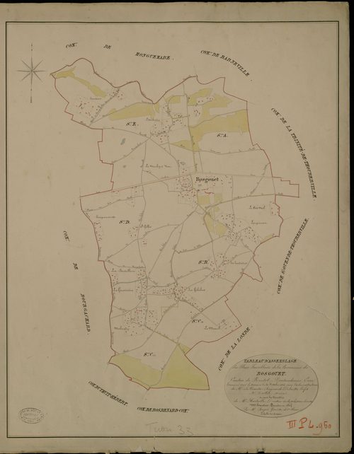 Bosgouet. Tableau d'assemblage _ du Plan Parcellaire de la Commune de Bosgouet _ Canton de Routot - Pontaudemer - Eure. _ Terminé sur le Terrain le 30 Octobre 1826 , sous l'administration de M.Le Vicomte Raymond Delaitre, Préfet _ M. Dallet