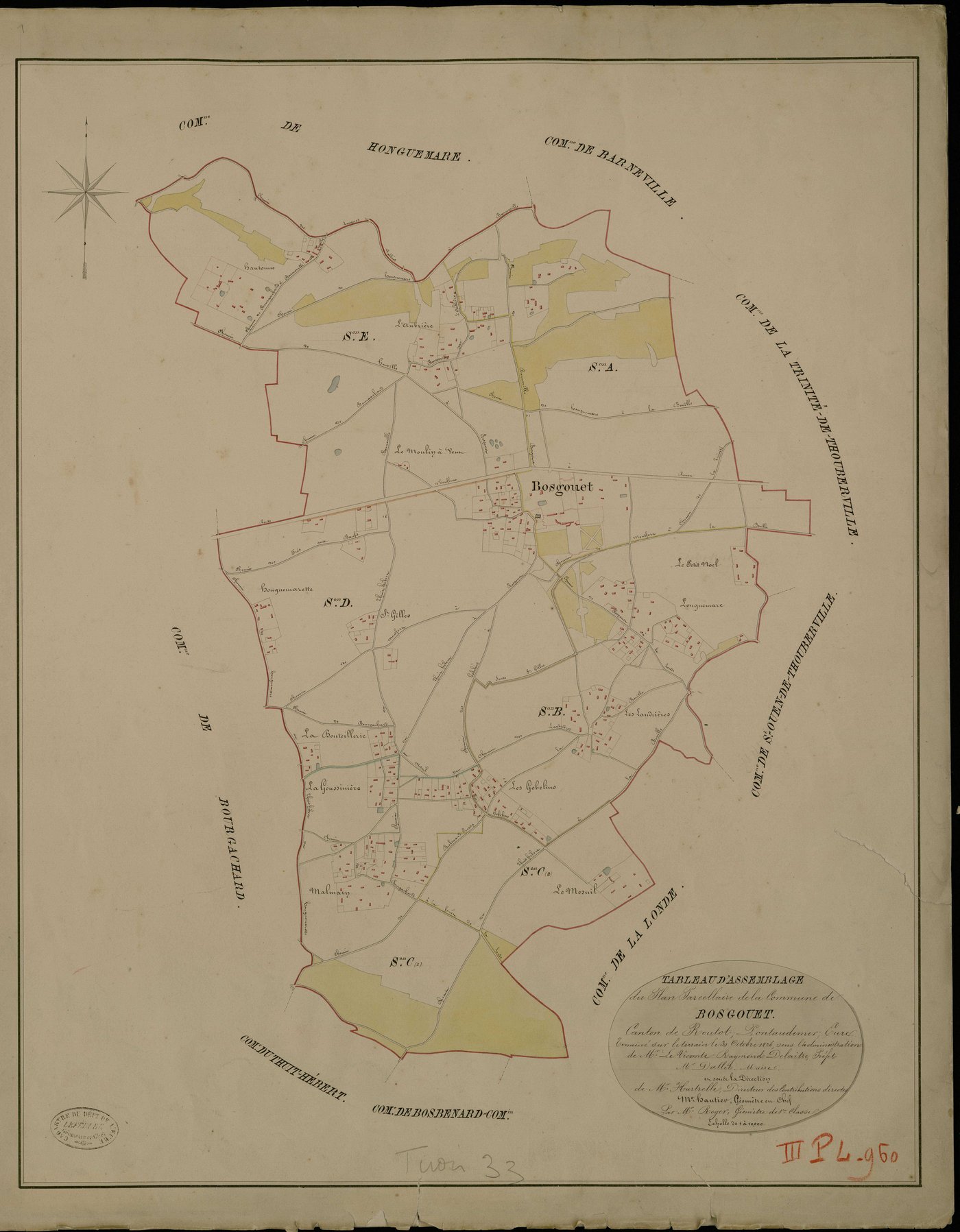 Bosgouet. Tableau d'assemblage _ du Plan Parcellaire de la Commune de Bosgouet _ Canton de Routot - Pontaudemer - Eure. _ Terminé sur le Terrain le 30 Octobre 1826 , sous l'administration de M.Le Vicomte Raymond Delaitre, Préfet _ M. Dallet