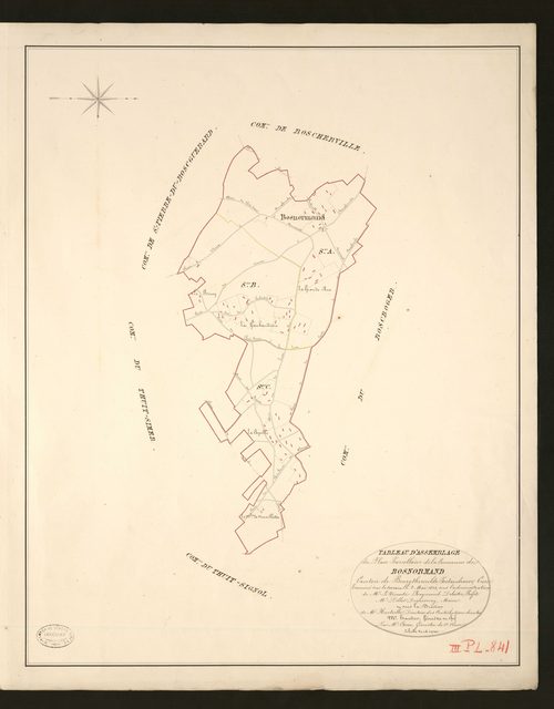 Bosnormand. Tableau d'assemblage _ du Plan Parcellaire de la Commune de Bosnormand _ Canton de Bourgtheroulde - Pontaudemer - Eure. _ Terminé sur le terrain en 1828, sous l'administration de M.le Vicomte Raymond Delaitre, Préfet _ M. de Pol