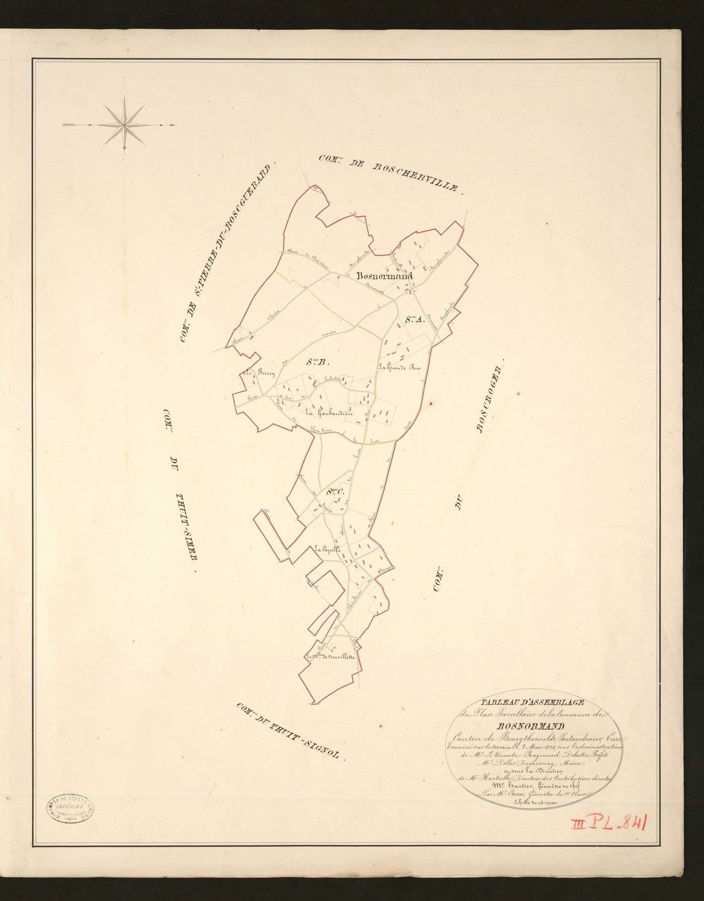 Bosnormand. Tableau d'assemblage _ du Plan Parcellaire de la Commune de Bosnormand _ Canton de Bourgtheroulde - Pontaudemer - Eure. _ Terminé sur le terrain en 1828, sous l'administration de M.le Vicomte Raymond Delaitre, Préfet _ M. de Pol