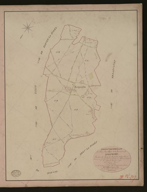 Bosquentin. Tableau d'assemblage du Plan Parcellaire de la Commune de Bosquentin _ Canton de Lyons-la-Forêt - Andelys - Eure. _ Terminé sur le terrain le 3 décembre 1847, sous l'administration de M. Petit de Bantel, Préfet - M. Delesque, Ma