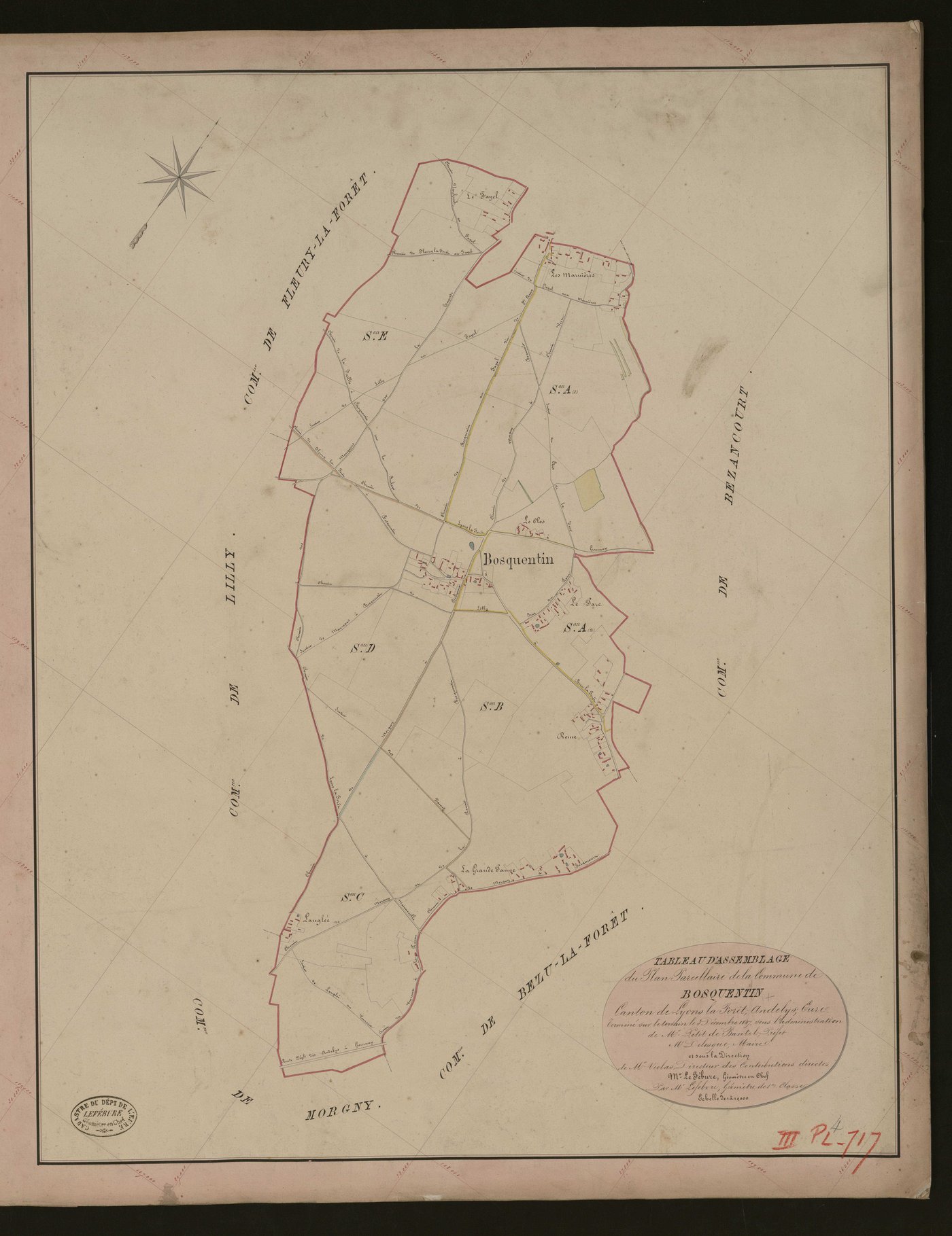 Bosquentin. Tableau d'assemblage du Plan Parcellaire de la Commune de Bosquentin _ Canton de Lyons-la-Forêt - Andelys - Eure. _ Terminé sur le terrain le 3 décembre 1847, sous l'administration de M. Petit de Bantel, Préfet - M. Delesque, Ma
