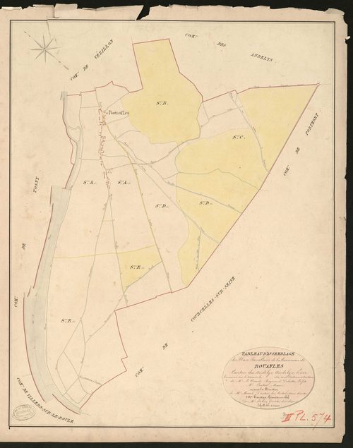 Bouafles. Tableau d'assemblage du Plan Parcellaire de la Commune de Bouafles. _ Canton des Andelys - Adelys - Eure. _ Terminé sur le terrain en 1830, sous l'administrtion de M. Le Vicomte Raymond Delaitre, Préfet - M. Cartier, Maire et sous