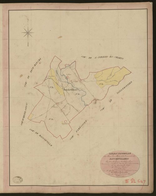 Bouchevilliers. Tableau d'assemblage du Plan Parcellaire de la Commune de Bouchevilliers. _ Canton de Gisors - Andelys - Eure. _ Terminé sur le terrain le 9 mai 1840, sous l'administration de M. de Monicault, Préfet - M. Baudry, Maire et so