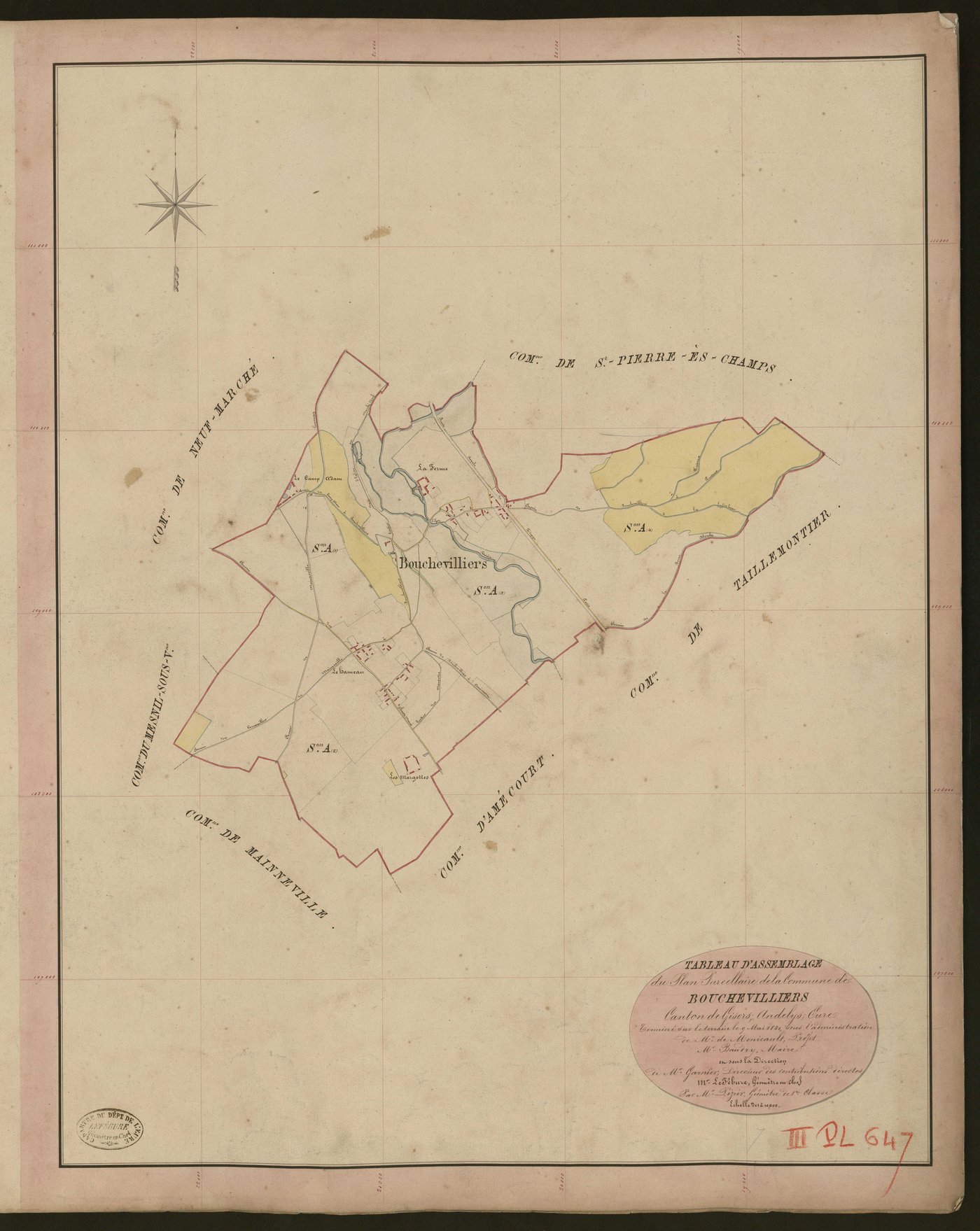 Bouchevilliers. Tableau d'assemblage du Plan Parcellaire de la Commune de Bouchevilliers. _ Canton de Gisors - Andelys - Eure. _ Terminé sur le terrain le 9 mai 1840, sous l'administration de M. de Monicault, Préfet - M. Baudry, Maire et so