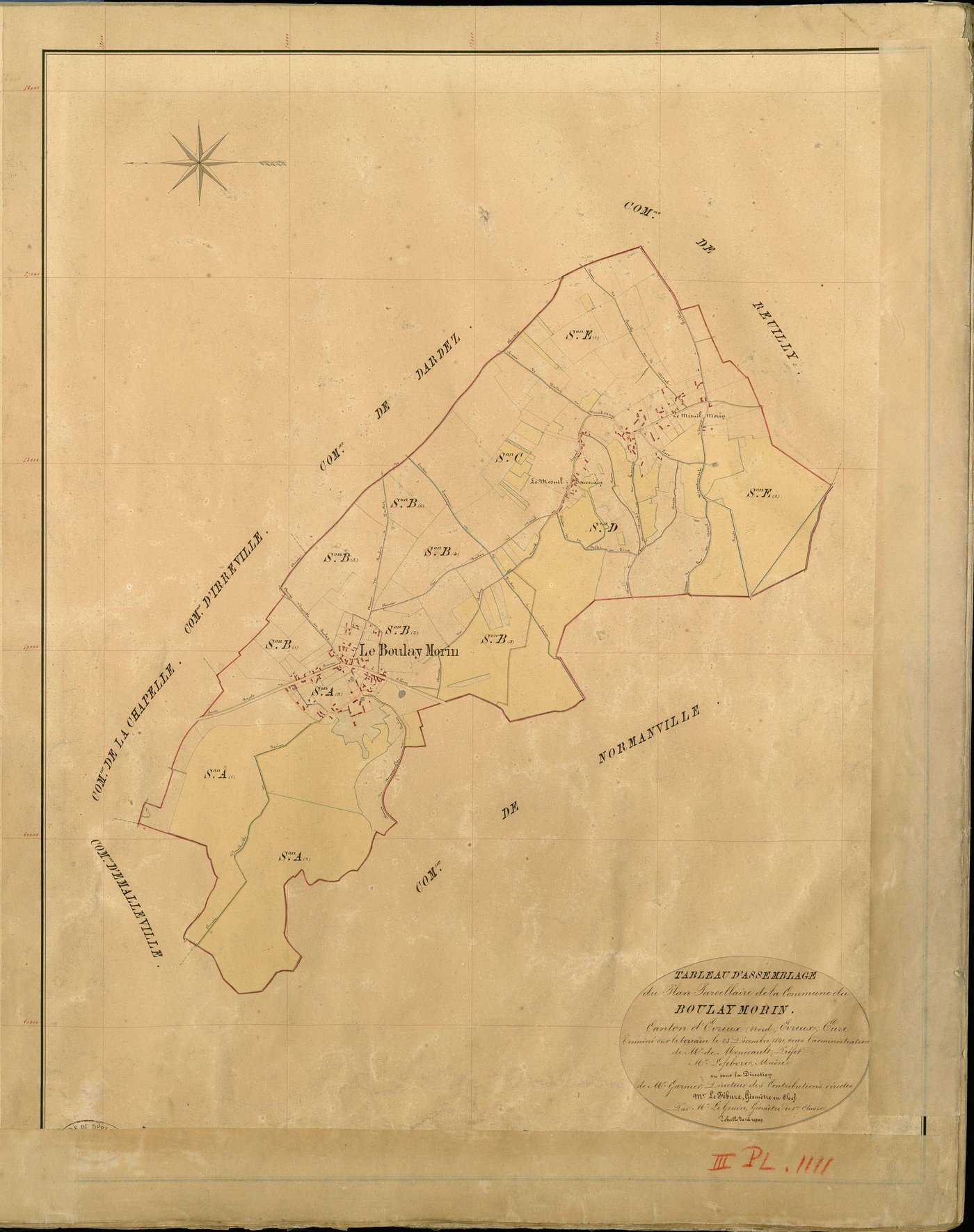 Boulay-Morin (Le). Tableau d'assemblage _ du Plan Parcellaire de la Commune du Boulay Morin _ Canton de Evreux (nord) - Evreux - Eure. _ Terminé sur le Terrain le 23 Decembre 1840 , sous l'administration de M. de Monicault, Préfet _ M. Lefe