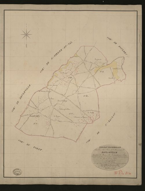 Boulleville. Tableau d'assemblage _ du Plan Parcellaire de la Commune de Boulleville _ Canton de Beuzeville - Pontaudemer - Eure. _ Terminé sur le terrain le 15 octobre 1833, sous l'administration de M. A Passy, Préfet _ M. Delabarre, maire