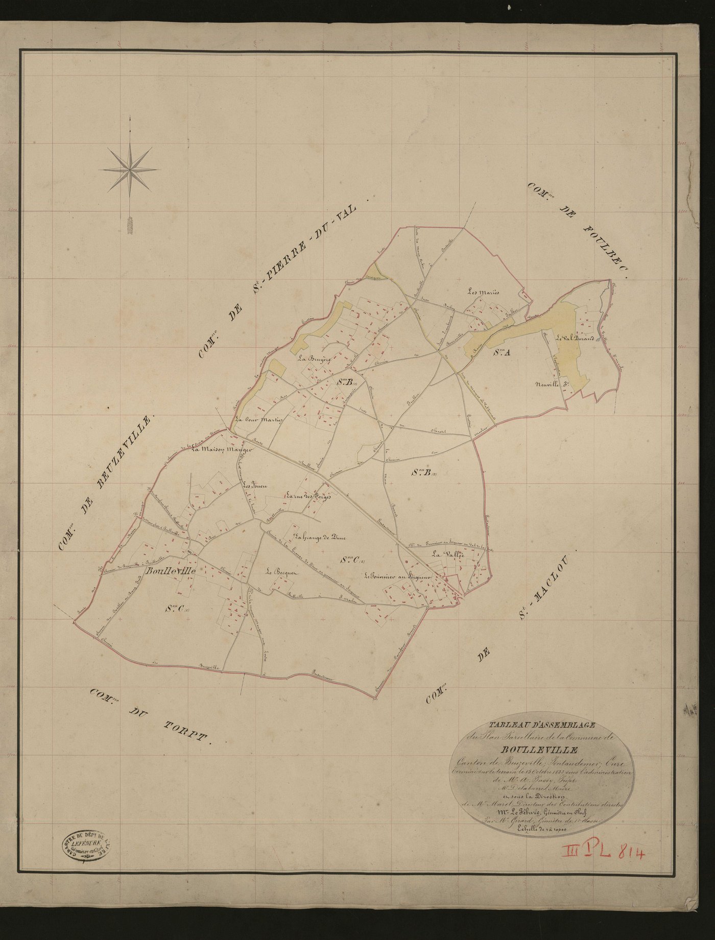 Boulleville. Tableau d'assemblage _ du Plan Parcellaire de la Commune de Boulleville _ Canton de Beuzeville - Pontaudemer - Eure. _ Terminé sur le terrain le 15 octobre 1833, sous l'administration de M. A Passy, Préfet _ M. Delabarre, maire