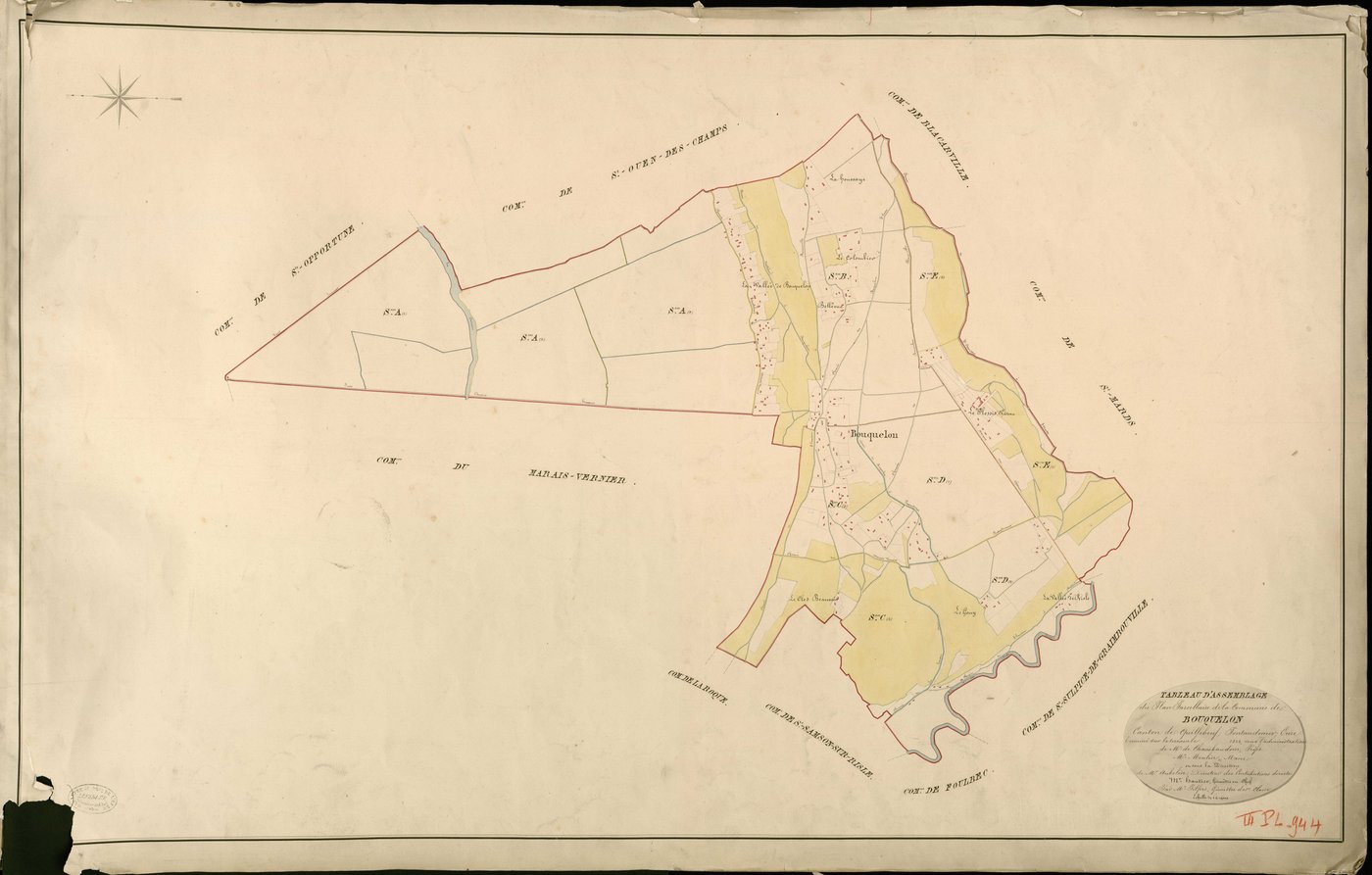 Bouquelon. Tableau d'assemblage _ du Plan Parcellaire de la Commune de Bouquelon _ Canton de Quillebeuf - Pontaudemer - Eure. _ Terminé sur le Terrain en 1824, sous l'administration de M. de Chambaudoin, Préfet _ M. Moulin, Maire _ sous la 