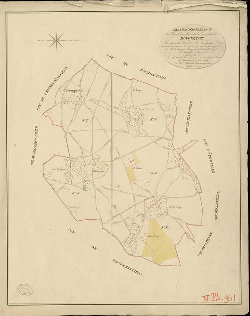 Bouquetot. Tableau d'assemblage _ du Plan Parcellaire de la Commune de Bouquetot _ Canton de Routot - Pontaudemer - Eure. _ Terminé sur le Terrain le avril 1826 , sous l'administration de M.Le Vicomte Raymond Delaitre, Préfet _ M. Bourgeois