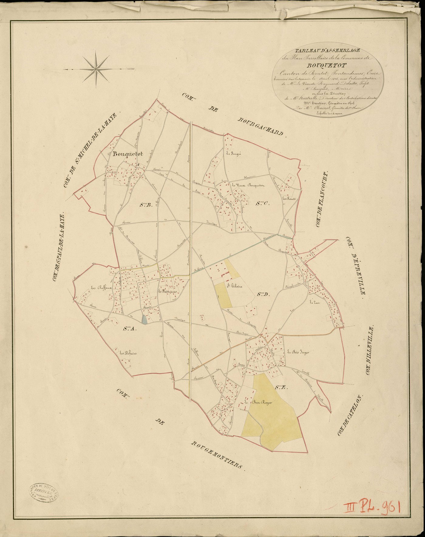 Bouquetot. Tableau d'assemblage _ du Plan Parcellaire de la Commune de Bouquetot _ Canton de Routot - Pontaudemer - Eure. _ Terminé sur le Terrain le avril 1826 , sous l'administration de M.Le Vicomte Raymond Delaitre, Préfet _ M. Bourgeois
