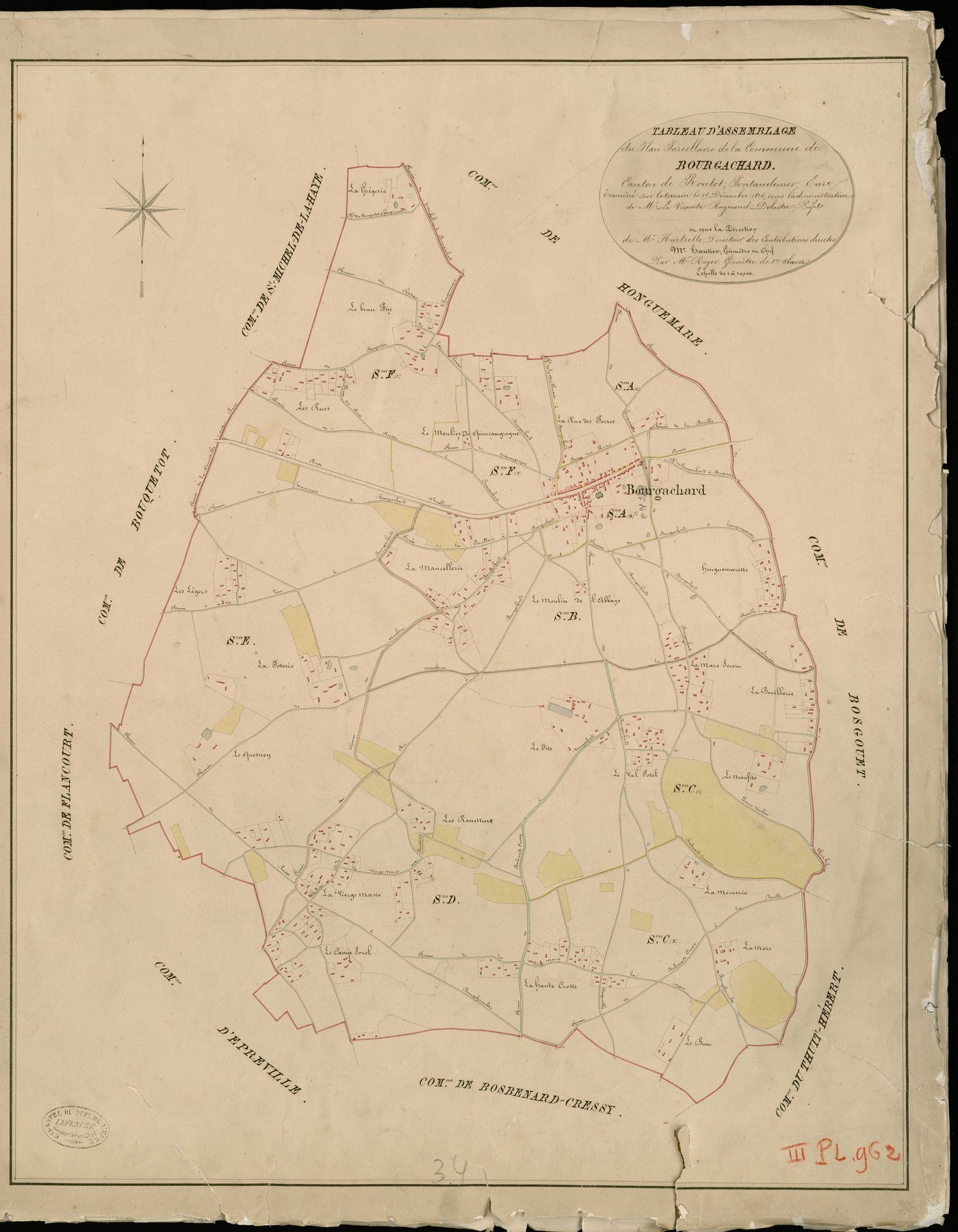 Bourg-Achard. Tableau d'assemblage _ du Plan Parcellaire de la Commune de Bourgachard _ Canton de Routot - Pontaudemer - Eure. _ Terminé sur le Terrain le 15 décembre 1826 , sous l'administration de M.Le Vicomte Raymond Delaitre, Préfet _ s