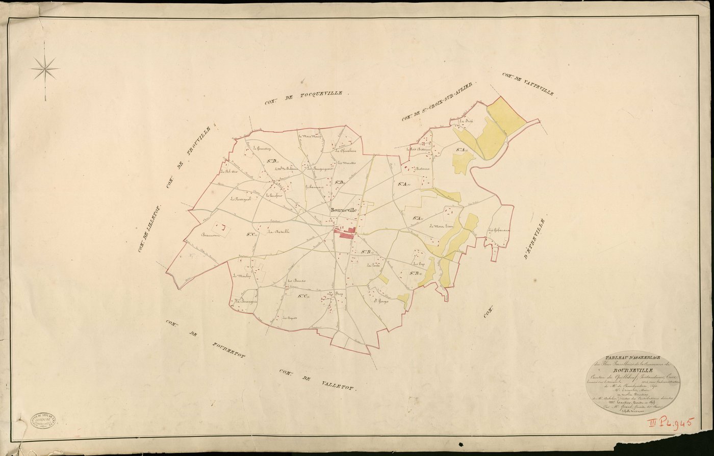 Bourneville. Tableau d'assemblage _ du Plan Parcellaire de la Commune de Bourneville _ Canton de Quillebeuf - Pontaudemer - Eure. _ Terminé sur le Terrain en 1824, sous l'administration de M. de Chambaudoin, Préfet _ M. Trouplin, Maire _ so